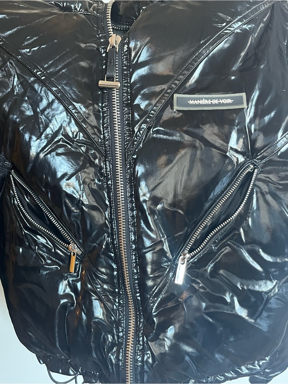 Manière De Voir Black Shiny Cropped Bomber Jacket - Picture 8 of 9